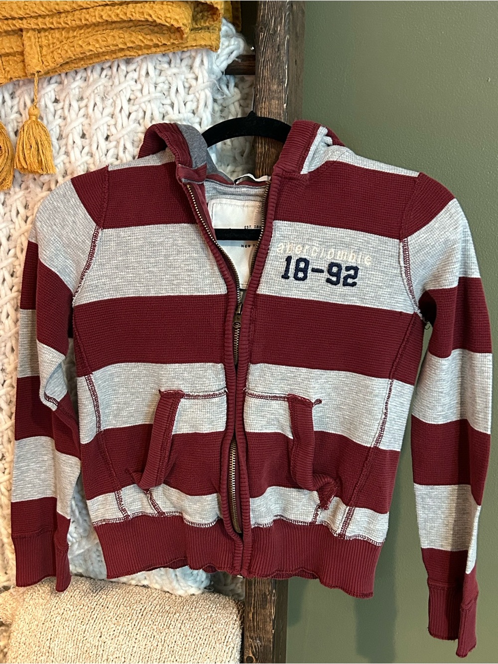 Kids Striped Hooded Zip Sweatshirt - Burgundy & Gray Abercrombie Y2K back2school